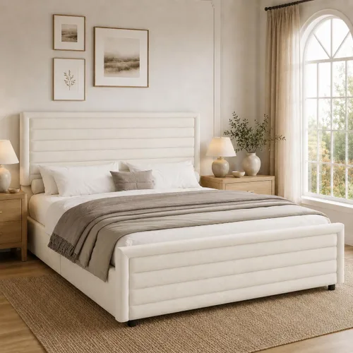 Vista 7 de REVOMINCA Armazón de cama tamaño completo (Full Size), plataforma tapizada con cabecera y pie de cama de terciopelo, base de colchón con listones