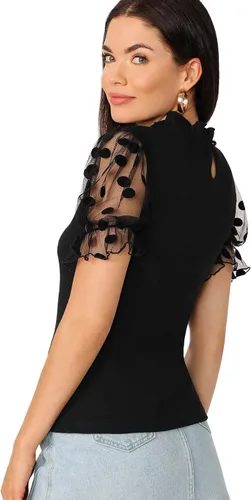 Vista 3 de OYOANGLE Blusa casual de verano de manga corta con encaje y cuello alto falso para mujer