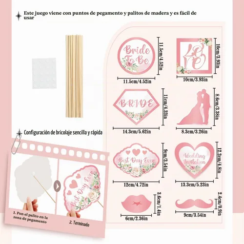 Vista 2 de Accesorios para cabina de fotos de boda, decoraciones de despedida de soltera, decoraciones de fiesta de compromiso en oro rosa, rosa con purpurina