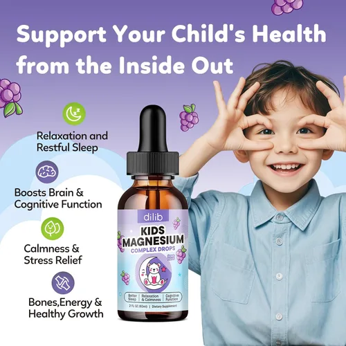 Vista 3 de Glicinato de magnesio líquido para niños, con citrato, manzanilla, L-teanina, omega-3, vitamina B12, D3, zinc, gotas de magnesio para niños