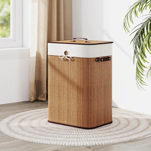 Vista 8 de Cesta de lavandería de bambú Giantex con tapa, cesta grande y alta de 72L para ropa con forro y asas extraíbles, cesta de lavandería rectangular