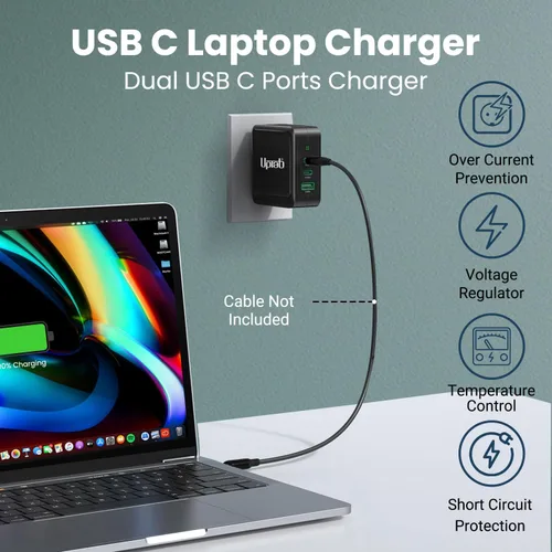 Vista 2 de Cargador USB C GaN UPTab de 140 W, adaptador de corriente dual USB-C + USB-A Fast PD 3.1 para MacBook Pro/Air, iPhone 17/Pro/Max, iPad, XPS