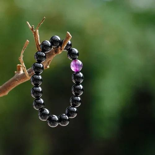 Vista 3 de Jewever Pulsera de obsidiana negra con ojo de tigre para hombre y mujer, cristal curativo elástico, cuentas de 0.472in, unisex, 7.0in