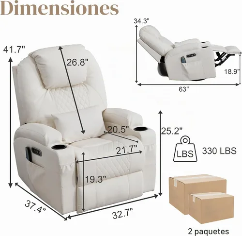 Vista 2 de AHMED Silla reclinable giratoria de doble motor, piel sintética, color Beige