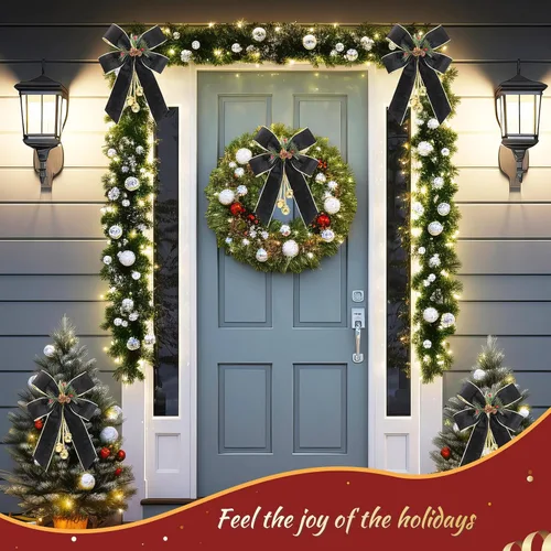 Vista 6 de Yinkin Corona de Árbol de Navidad Lazo Lazos de Cinta de Navidad con Campanas 11 x 7.8 pulgadas Terciopelo Cono de Pino Lazo Adornos Colgantes
