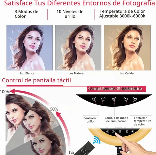 Vista 2 de Anillo de luz LED de 21 pulgadas con soporte de trípode, anillo de luz selfie grande con panel táctil para video de vlog de YouTube, retrato