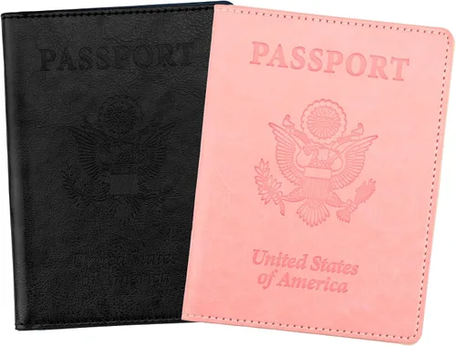 Vista 18 de Funda de cuero para pasaporte - Cartera de pasaporte de viaje para mujeres y hombres, artículos esenciales para el aeropuerto con protector, Negro