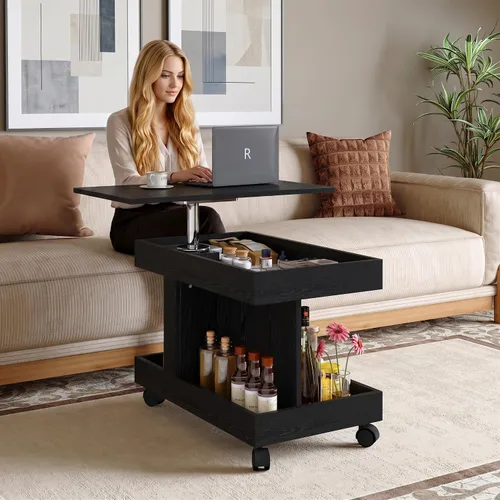 Vista 22 de Henf Mesa auxiliar elevable con almacenamiento, mesas de centro de madera maciza de 47.24 pulgadas con parte superior elevable, 3 bandejas