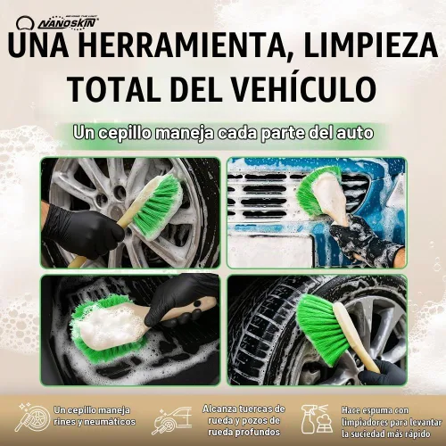 Vista 5 de Nanoskin Cepillo de detalles para frotar suavemente, ruedas y neumáticos Cerdas verdes marcadas, diseño resistente a los ácidos