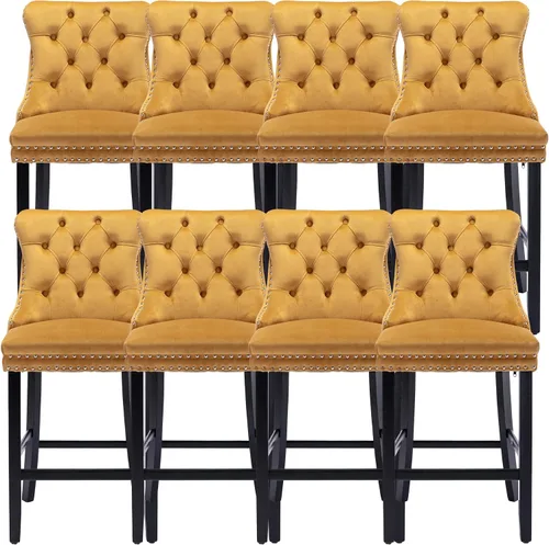 Vista 36 de Taburetes de bar tapizados de terciopelo modernos de 27 pulgadas con patas de madera, botón con cabeza de clavo cromada, taburetes de bar con Beige