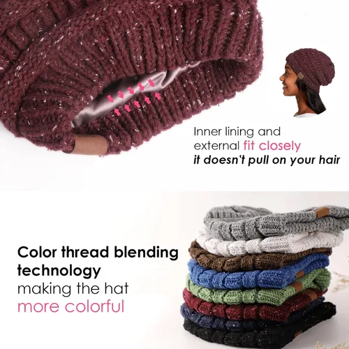 Vista 4 de Gorro de punto de invierno con forro de satén para mujer, gorro de cable, sedoso, suave, lavado, cálido