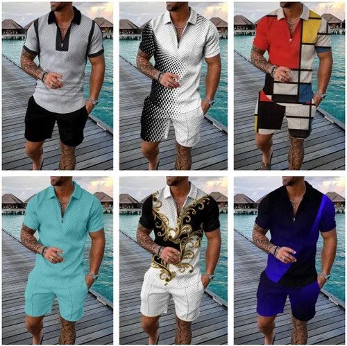 Vista 6 de Conjunto corto de 2 piezas para hombre, camiseta polo, conjunto casual de verano de manga corta y pantalones cortos para hombre