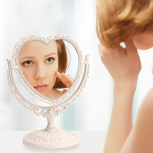 Vista 4 de Beaupretty Espejo de pie doble para maquillaje con rotación de 360 grados, parte superior de mesa en forma de corazón, espejo giratorio cosmético