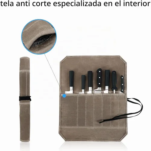 Vista 2 de HERSENT Funda enrollable para cuchillos de chef, lona encerada, soportes para cuchillos, protectores, herramientas de cocina para el hogar y 1. Caqui