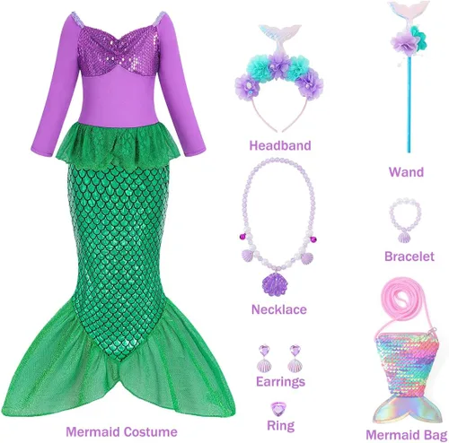 Vista 3 de Disfraz de sirena para niñas, disfraz de Halloween para niñas, disfraz de princesa Ariel, fiesta de cumpleaños