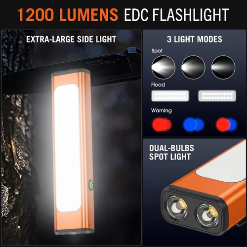 Vista 2 de Linterna plana EDC recargable, 1200 lúmenes USB-C (naranja, 1 unidad) Linterna de bolsillo con clip, 9 modos de luz magnética impermeable pequeña