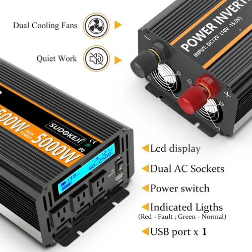 Vista 6 de SUDOKEJI - Inversor de corriente de 2500W, 12V DC a AC 110V/120V (pico) 5000W, convertidor con 3 tomas de corriente para automóvil, inversor