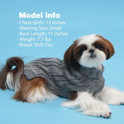Vista 7 de KYEESE Suéteres para perros pequeños, cuello alto, suéter de punto trenzado para mascotas con hilo dorado para clima frío, gris, talla M