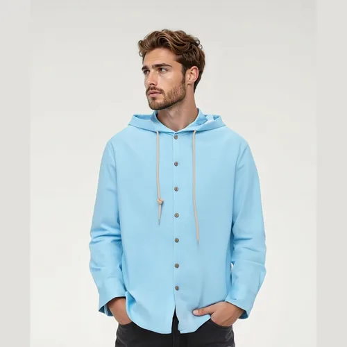 Vista 3 de Camisa de lino para hombre, casual, ligera, mexicana, guayabera, abotonada, playa, verano, sudadera con capucha y manga larga, camisa hawaiana