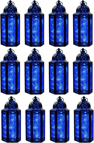 Vista 60 de VELA LANTERNS Juego de 2 portavelas decorativos de LED con luces de hadas de 12" de metal marroquí para colgar o mesa, decoración del hogar