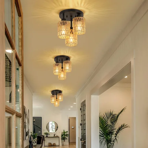 Vista 9 de Lámparas de Techo Bohemias de 3 Luces Montaje en Techo, Candelabro de Ratán Estilo Granja, Pantalla de Jaula Tejida a Mano Montaje Semi Empotrado