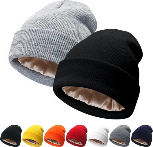Vista 29 de NPQQUAN 2 PCS Satin Lined Beanie for Women Silk Lined Beanies Winter Warm Soft Lining Cuffed Knit Beanie Hats for Women