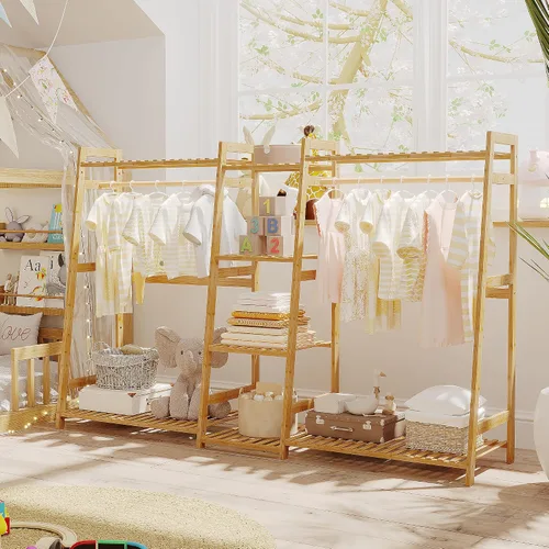 Vista 7 de BAMBOOHOMIE Perchero de ropa para niños con estantes, perchero de ropa de bambú para niños, niños y bebés, perchero de almacenamiento para vestirse