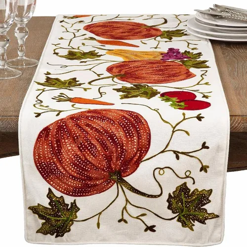 Vista 2 de SARO LIFESTYLE Camino de mesa de algodón con diseño de calabaza bordada, 16 x 72 pulgadas, marfil