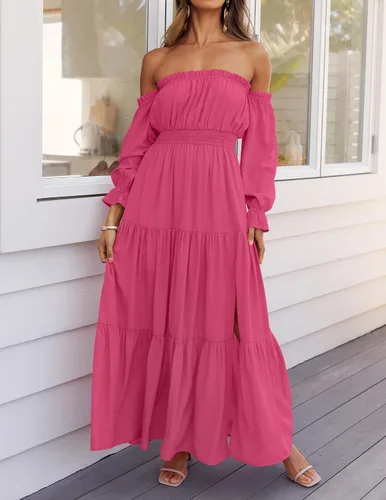 Vista 8 de ZESICA - Vestido largo, bohemio y sexy, con hombros descubiertos y manga larga fruncida, con elástico fruncido, cintura alta y abertura lateral