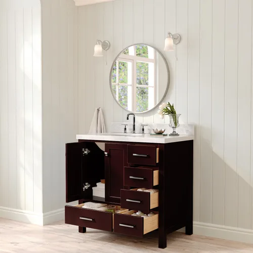 Vista 2 de ARIEL Cambridge - Mueble de baño con lavabo de 36 pulgadas, madera maciza, encimera y salpicadero italiano de mármol de Carrara de 1.5 pulgadas