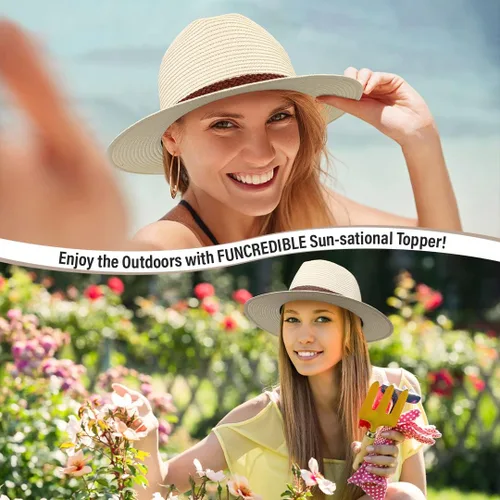 Vista 5 de Funcredible Sombrero Fedora - Sombreros de playa para mujer - Sombreros de paja con lazo y gafas en forma de corazón
