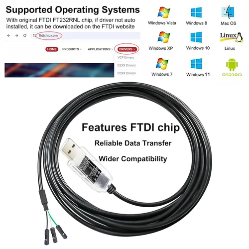 Vista 3 de DTECH Adaptador de cable serie USB a TTL 3.3V 3 pines FTDI Chip Indicadores LED UART Convertidor de depuración FT232RNL Salida IC 3V3 Nivel de señal