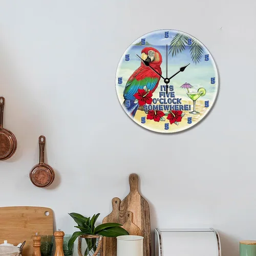 Vista 5 de It's 5 O'Clock Somewhere - Reloj de pared de 10 pulgadas, reloj de pared de loro de playa Martini, funciona con pilas, sin tictac, reloj de madera