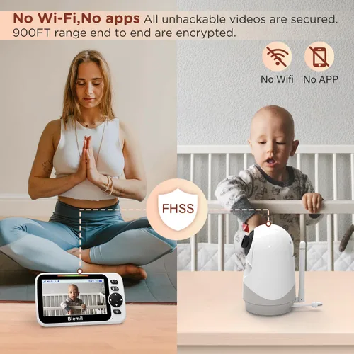 Vista 6 de Blemil - Monitor de bebé con batería de 30 horas, monitor de vídeo para bebé con pantalla grande dividida de 5 pulgadas, con cámara y audio, batería