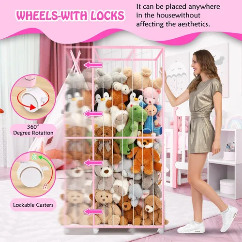 Vista 6 de Almacenamiento de animales de peluche, tubo de metal extra grande organizador de almacenamiento de juguetes con ruedas de freno, soporte