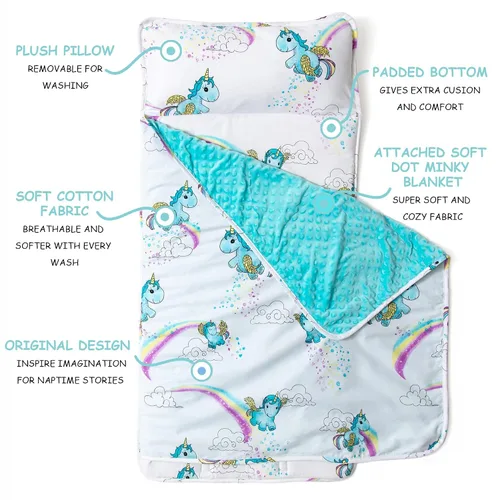 Vista 2 de JumpOff Jo Tapete para siesta para niños, acogedor tapete de descanso para niños con almohada extraíble y manta ultrasuave para preescolar