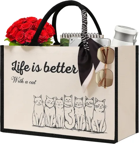 Vista 7 de Cute Tote Bags, 16Oz, 3 Pockets, Cat Large Canvas Tote Bags for Women, Anti-Scratch Lining Large Tote Bag with Zipper