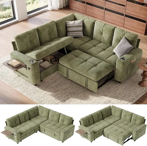 Vista 9 de LINSY HOME Modular Sectional Sofa Bed, Chenille Pull Out Couch 2 Seat Beige