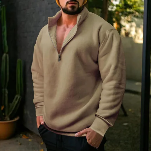 Vista 2 de chouyatou Sudadera casual con cremallera de un cuarto para hombre, con forro polar, cuello cadete, para otoño e invierno