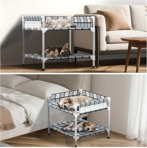 Vista 7 de Litera para Perros con Ventana de Cabecera - Cama Doble Elevada para Perros y Humanos con Barandilla de 2 Capas, Percha de Ventana para Perros, Cuna