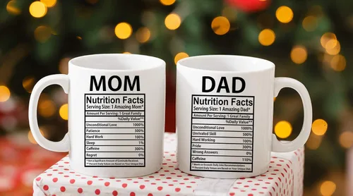 Vista 5 de AW Fashions Mom & Dad Nutritional Facts - Juego de tazas de café divertidas de cerámica blanca de 11 onzas para marido y esposa, él y ella, regalo