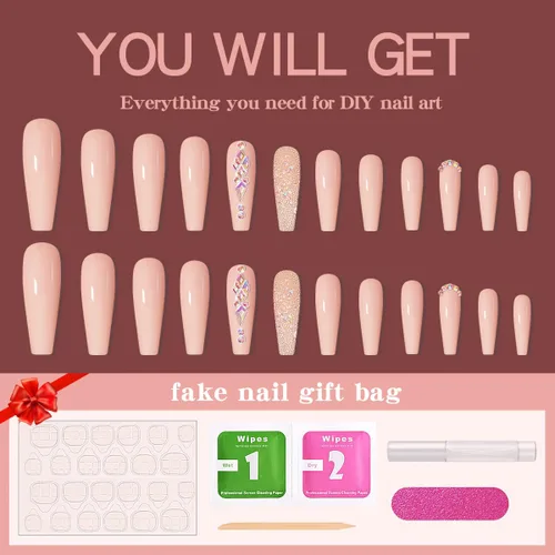 Vista 5 de 24 uñas postizas brillantes con diseños de longitud larga, uñas de boda a presión para novia, uñas acrílicas nude, ataúd a presión con diamantes