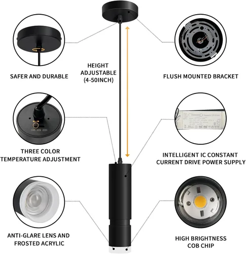 Vista 8 de OKELI Luz Colgante, Luminaria de Luces Colgantes Negras Modernas, Iluminación Colgante LED Única de 3-CCT para Isla de Cocina, 20W