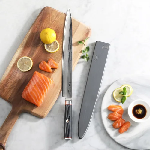 Vista 4 de Cangshan YARI Series 501301 - Cuchillo Sashimi de 12 pulgadas con funda, acero de Damasco X-7