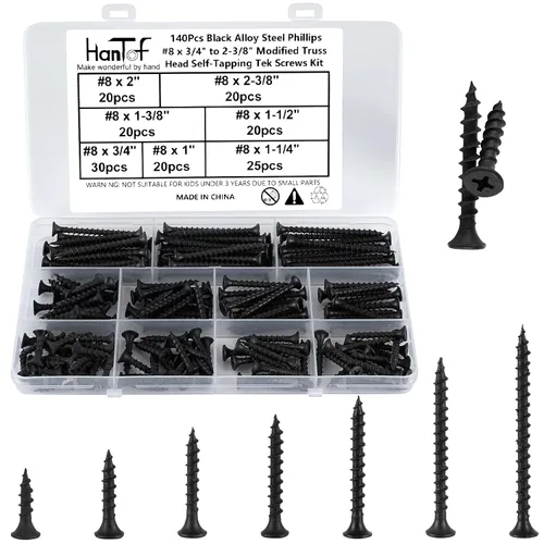 Vista 10 de Kit de surtido de 140 piezas de tornillos negros autoperforantes para metal, tornillos TEK autorroscantes de cabeza de armadura modificada de 8# x