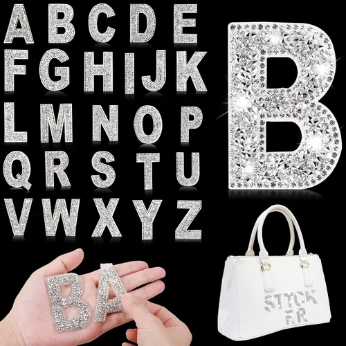 Vista 20 de Yinder 26 piezas de pegatinas de letras con purpurina y diamantes de imitación, diamantes de imitación para planchar, letras autoadhesivas A-Z Negro