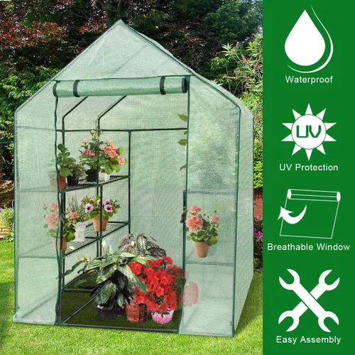 Vista 8 de Happygrill Invernadero para caminar, invernadero potable con puerta enrollable con cremallera, cubierta de polietileno y 3 niveles, 12 estantes