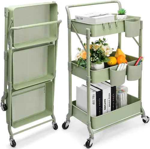 Vista 12 de Carrito plegable de metal de 3 niveles, carrito organizador plegable de almacenamiento multifunción para oficina en casa y biblioteca (negro)