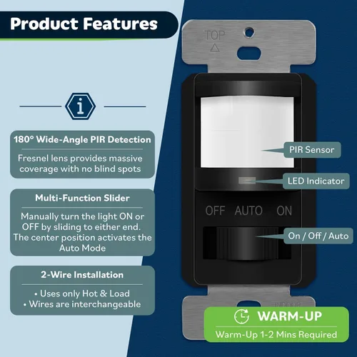 Vista 2 de TOPGREENER Interruptor de luz con sensor de movimiento PIR de ocupación/vacante, función de aprendizaje, no neutro no requiere tierra, 200 W