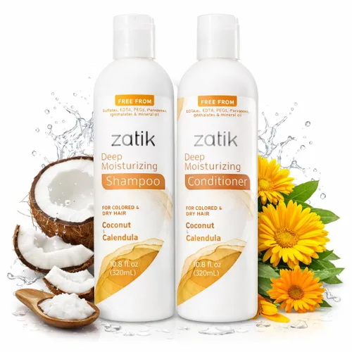 Vista 4 de Zatik Naturals - Champú hidratante profundo con coco y caléndula - Vegano, biodegradable, pH equilibrado, para cabello teñido y seco, libre